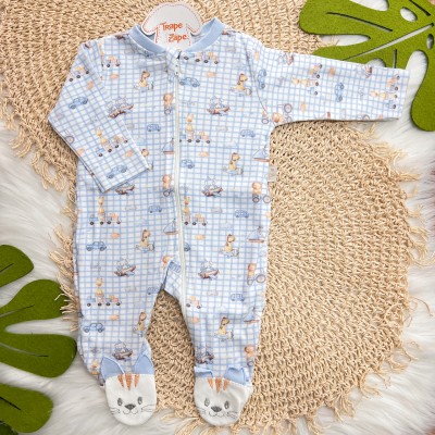 Macacão de Malha com Abertura em Zíper Quadriculado Safari - Azul Claro